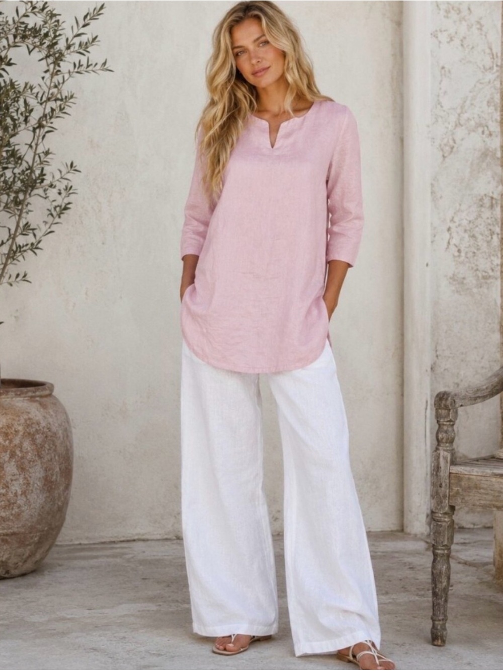 J. Jill Love Linen Light Pink Women's V-Neck Linen Tunic Top